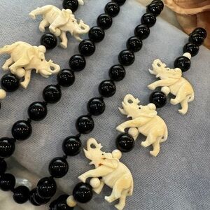 Vintage Ivory Elephant Necklace with Black Onyx. Long beaded necklace